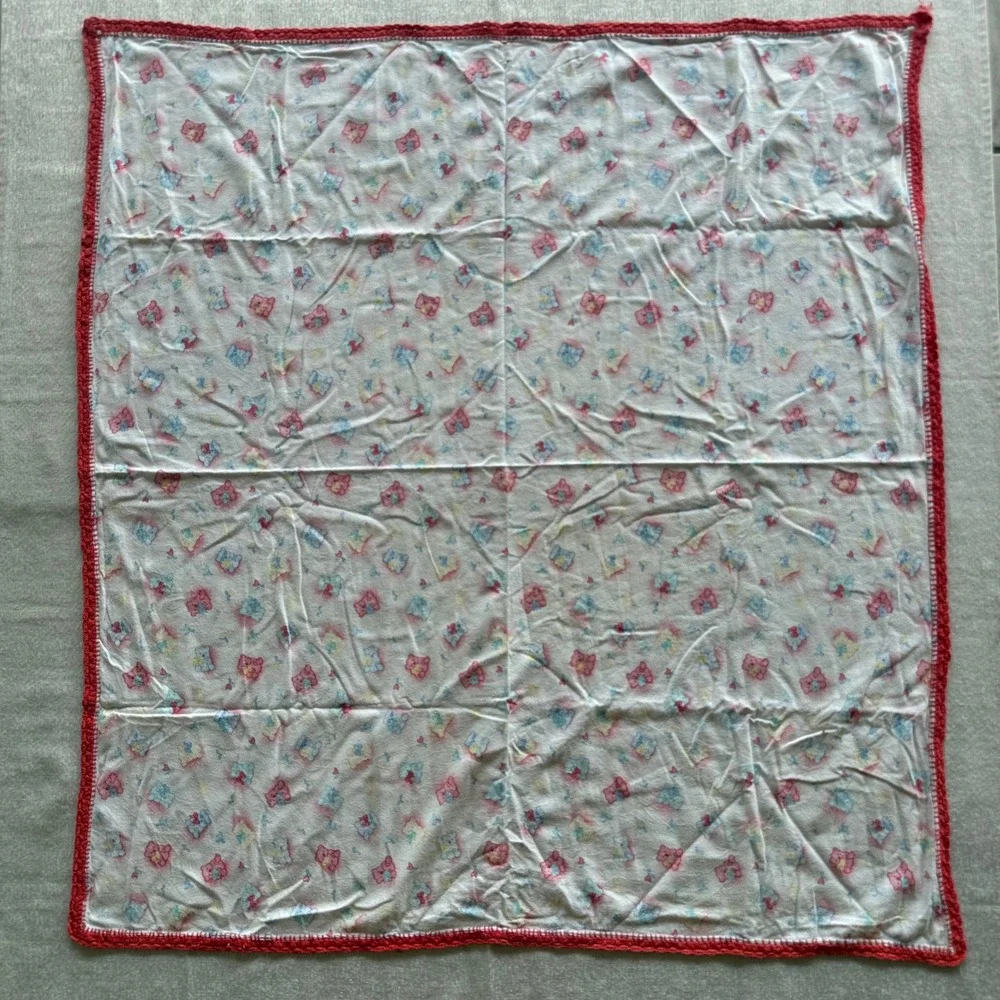 Vintage Baby Blanket Teddy Bear Print Red Crochet Trim 43x40